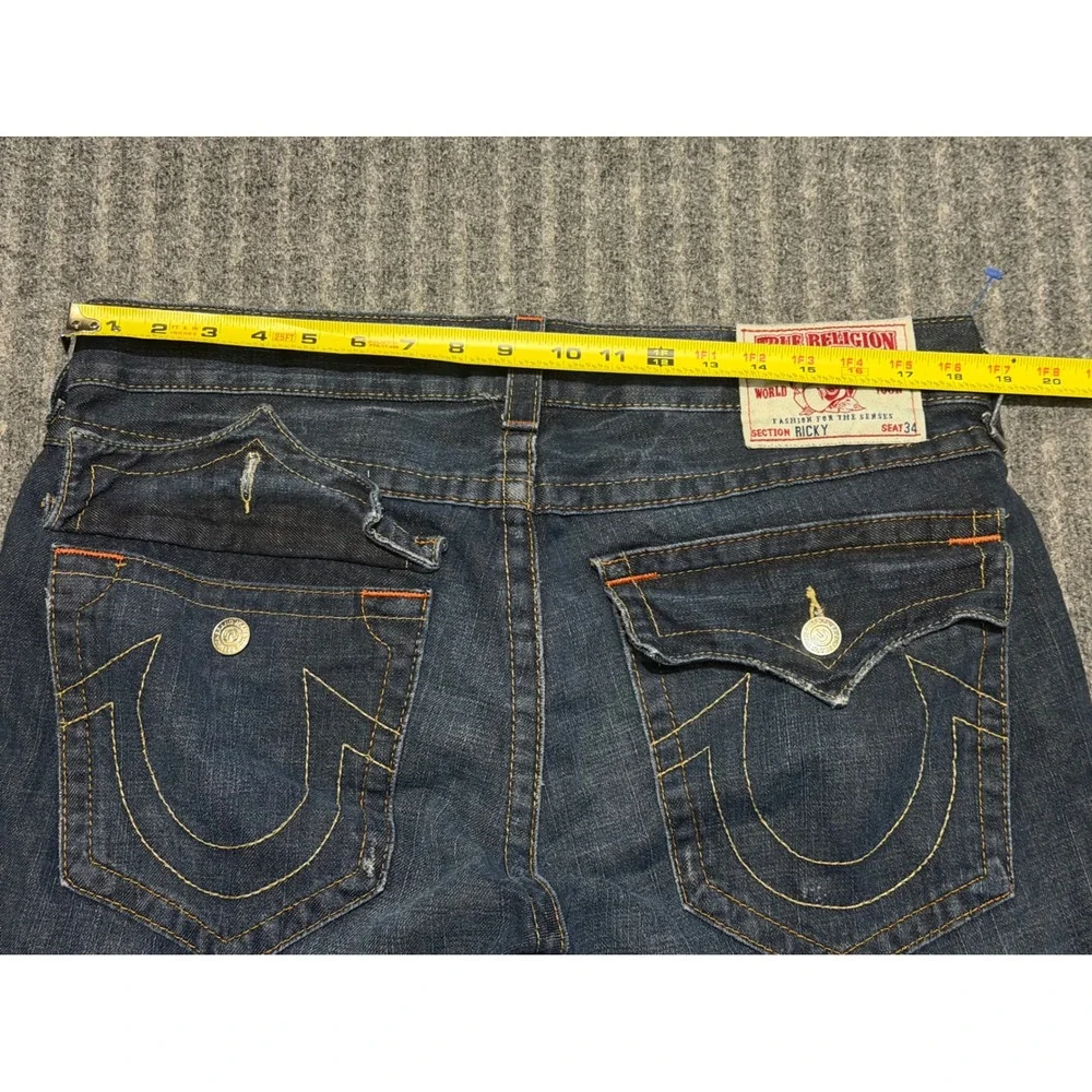 True Religion Ricky Straight Leg Jeans Mens 34 Dark Wash Distressed USA Made